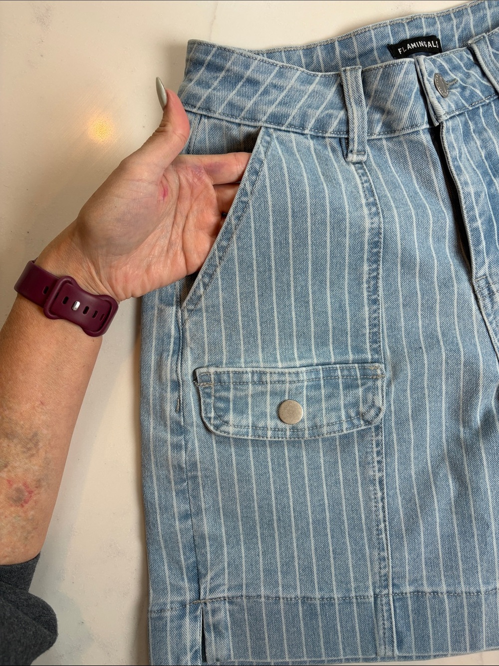 Striped Light Blue Denim Utility Shorts - Picture 3 of 5